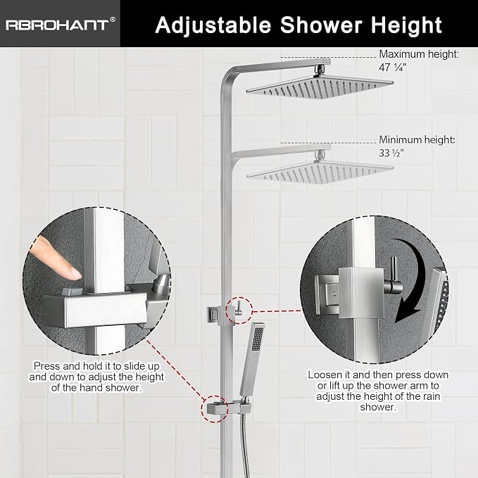 RBROHANT Brushed Nickel Exposed Shower System with Tub Spout, Exposed Shower Fixtures for Bathroom with Brass 3-Functional Valve, Shower Height Adjustable, Wall Mounted - Image 3