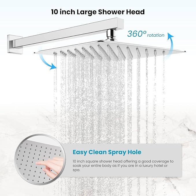 gotonovo Rainfall Tub Shower Faucet Set Bathroom Shower System with Tub Spout Wall Mount Square High Pressure Shower Fixtures with Handheld Sprayer Rough-In Valve 10'' Shower Head,Polished Chrome - Image 3
