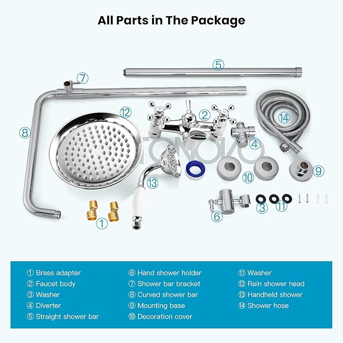 gotonovo Bathroom Exposed Shower Faucet Outdoor Shower System 8 Inch Rainfall Shower Head Set with Tub Spout and Handheld Spray Double Cross Handles Wall Mount without Shower Shelf Polished Chrome - Image 7