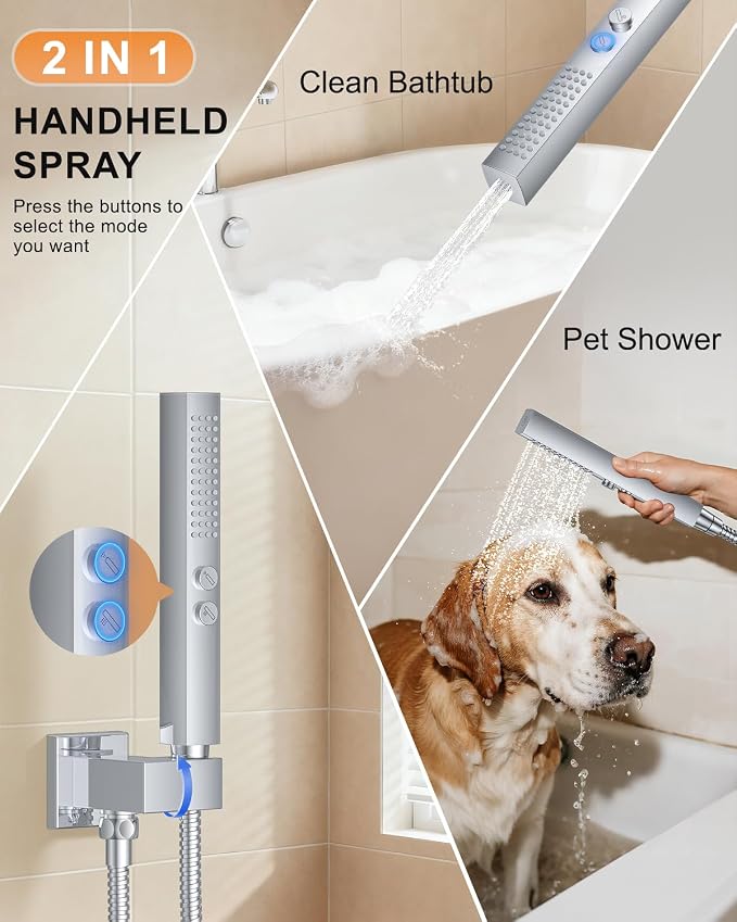 Chrome Shower System with Tub Spout, Wall Mounted Bathtub Shower Faucet Set, 12" Rainfall Shower Head and Handheld Shower Combo, High Pressure Shower Fixtures Set with Rough-in Valve - Image 4