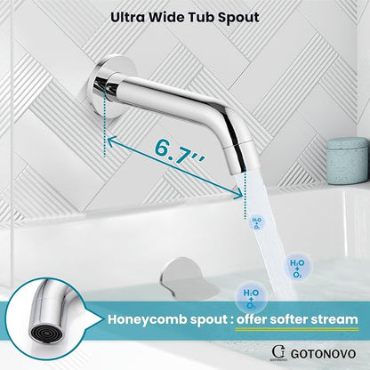 gotonovo Shower System with Tub Spout Wall Mount 3 Function Rough-in Valve Bathtub Shower Faucets Set Complete Rain 10 Inch Round Showerhead Trim Kit Combo, Cylindrical Handheld, Polish Chrome - Image 7