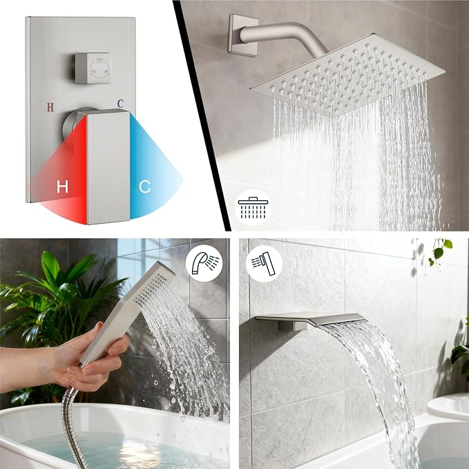 Midanya Shower System with Tub Spout,Bathtub Shower Faucet Set with Square Rainfall Head and Handheld Sprayer Wall Mount Tub Faucet Set with Valve and Trim Kit,8 Inch Brushed Nickel - Image 4