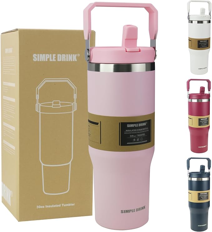 30oz Flip Straw Insulated Tumbler with Handle, Leak Proof Stainless Steel Water Bottle, Double Wall Vacuum Travel Coffee Mug for Cold Drinks, Gym Office Travel Essentials by SIMPLEDRINK