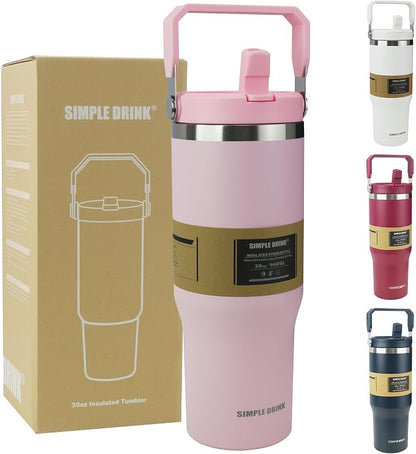 30oz Flip Straw Insulated Tumbler with Handle, Leak Proof Stainless Steel Water Bottle, Double Wall Vacuum Travel Coffee Mug for Cold Drinks, Gym Office Travel Essentials by SIMPLEDRINK
