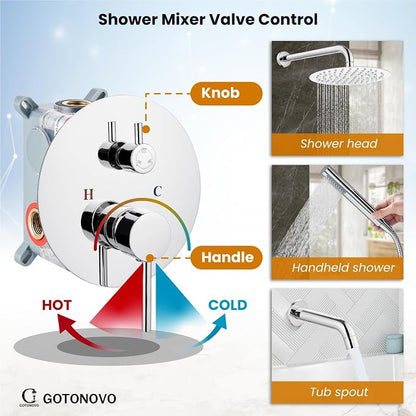 gotonovo Shower System with Tub Spout Wall Mount 3 Function Rough-in Valve Bathtub Shower Faucets Set Complete Rain 10 Inch Round Showerhead Trim Kit Combo, Cylindrical Handheld, Polish Chrome - Image 4