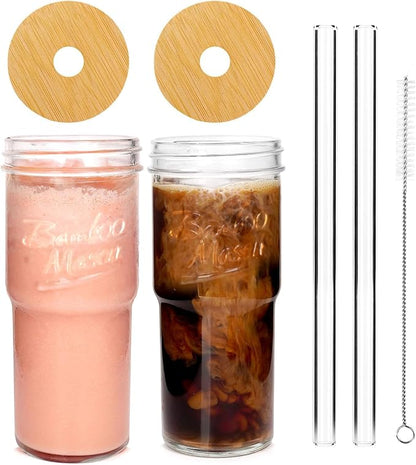 ANOTION Glass Cups with Lids and Straws 2 Packs, 24oz Travel Coffee Mug Wide Mouth Bamboo Mason Jar Iced Coffee Cup Smoothie Cup Glass Tumbler Tea Cup Clear Cute Water Cups Drinking Jars Glasses by ANOTION