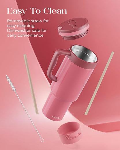 40 oz Insulated Tumbler with Handle and Push-Button Straw Lid, Stainless Steel Travel Cup for Gym Office, Leakproof, BPA-Free, Cup Holder Friendly, Bow Silicone Boot, Pink (Dusty Rose) - Image 6