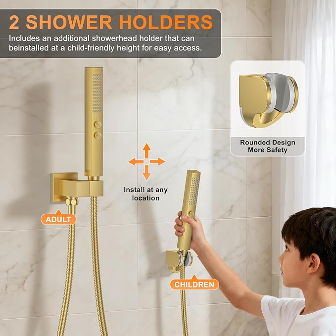 Brushed Gold Shower System with Tub Spout, Ceiling Mounted Bathtub Shower Faucet Set, 12" Rainfall Shower Head and Handheld Shower Combo, High Pressure Shower Fixtures Set with Rough-in Valve - Image 7