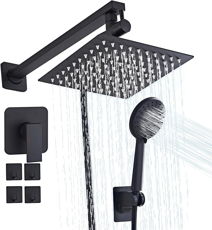 Shower Head 8'' High Pressure Rainfall, Handheld Shower Combo with 11'' Extension Arm, 5 Spray, Anti-leak Luxury Premium Quality, Rainfall Shower Head with Handheld Spray Combo, Matte Black by Hamckay