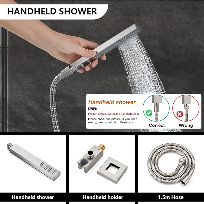 Midanya Shower Faucet Set,Wall Mount Shower System with Square Rain Shower Head and Hand Sprayer, Rough-in Valve Body and Trim Kit Included,12 Inch,Brushed Nickel - Image 5