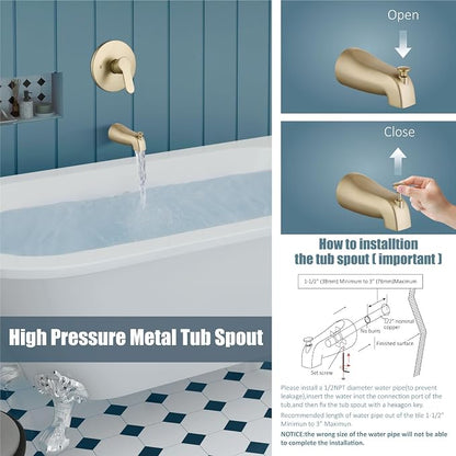 Aolemi Tub Shower Faucet Set With Valve Wall Mount Shower Trim Kit 6 Inch Bathtub Fixtures Rough-in Valve Single-Spray Shower Head System 5.3 Inch Tub Spout Brushed Gold Modern - Image 5