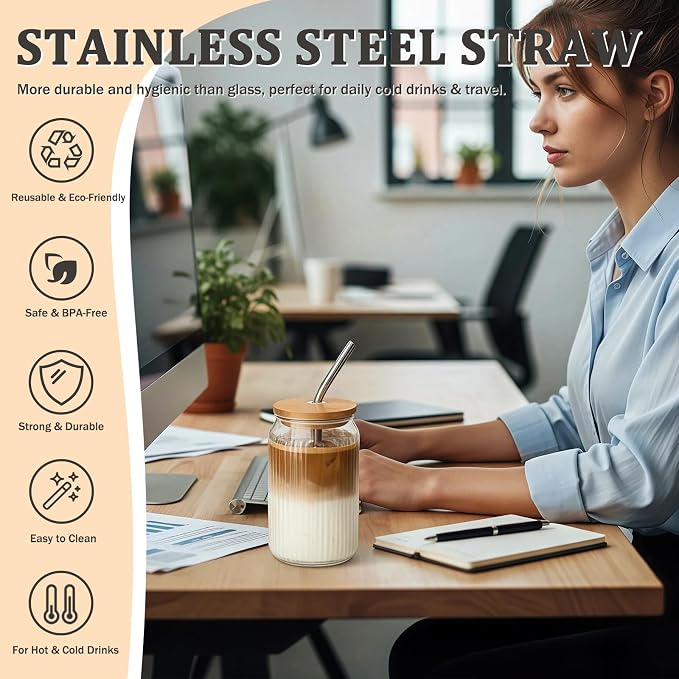 4 Packs Ribbed Glass Tumbler with Lid and Straw 16 oz Cute Ice Coffee Cup Set for Smoothie Juice Matcha Tea Latte Cappuccino Espresso Hot Coffe Water Reusable Clear Travel Boba Aesthetic Drinking Mug - Image 4