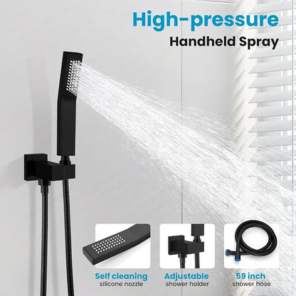 gotonovo 10'' Rain Shower Faucet System Rainfall Shower Head with Handheld Sprayer Waterfall Tub Spout Wall Mounted Mixer Combo Rough-in Valve and Trim Included 5.7 Inch Wide Spout Matte Black - Image 5