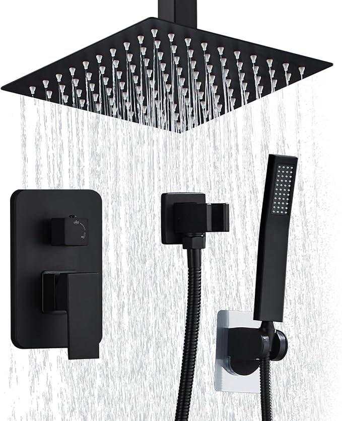 10 Inch Shower Faucet Set Ceiling Mount, High Pressure Rainfall Shower System, Square Rain Shower Spray Combo Luxury Shower Fixtures Matte Black by RTOBWEYE
