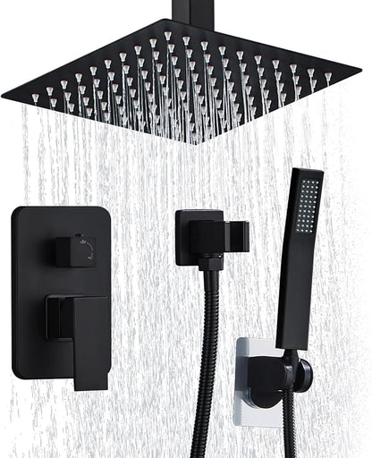 10 Inch Shower Faucet Set Ceiling Mount, High Pressure Rainfall Shower System, Square Rain Shower Spray Combo Luxury Shower Fixtures Matte Black by RTOBWEYE