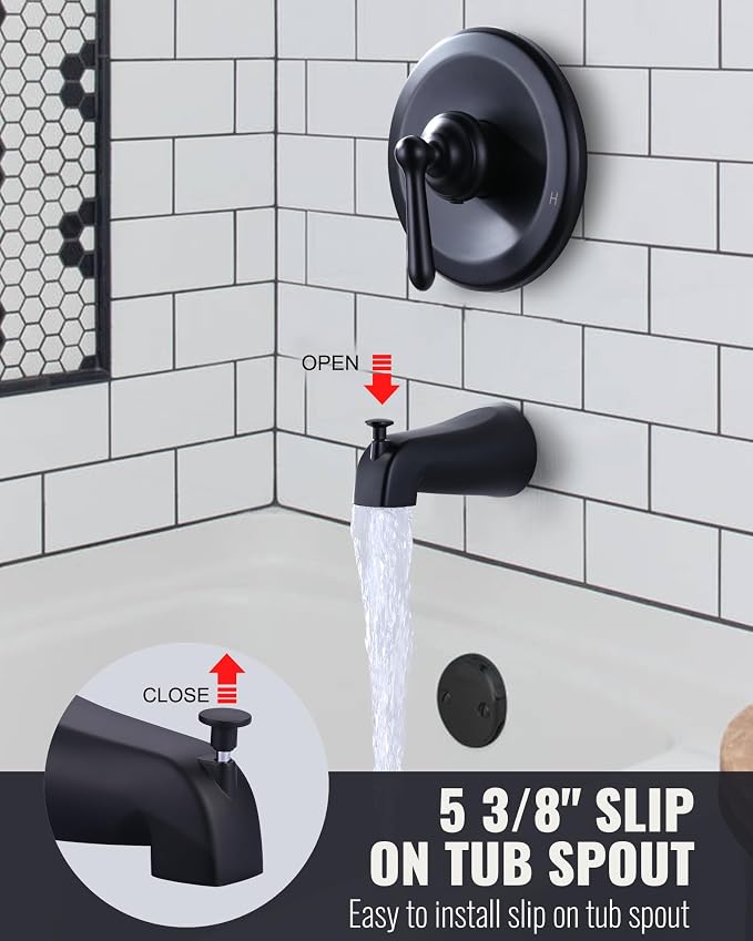 Shower Faucet Set Matte Black: ARCORA Bathtub Faucet Set with 6-Inch Rain Showerhead and Tub Spout, Single-Handle Tub and Shower Trim Kit (Valve Included) - Image 5