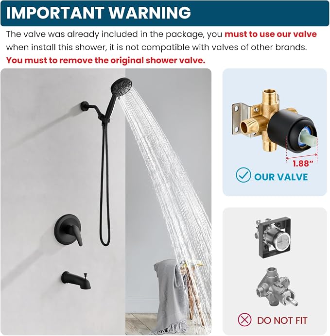 gotonovo Bathroom Shower Head Kit High Pressure Combo System Shower Faucet 6 Modes ABS Handheld Spray Shower Trim Kit Valve Included Shower Head and Handle Set Matte Black - Image 2