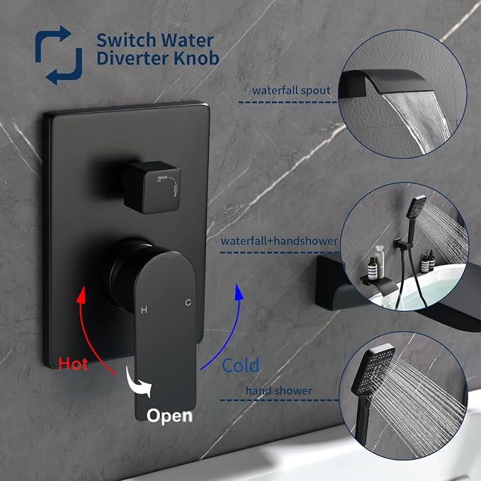 Bathtub Faucet Set with Handheld Sprayer Tub Filler Faucets with Rough-in Valve Trim Kit Wall Mount Tub Faucets Matte Black - Image 4
