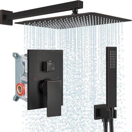 Midanya Shower Faucet Set,Wall Mount Shower System with Square Rain Shower Head and Hand Sprayer, Rough-in Valve Body and Trim Kit Included,16 Inch,Oil Rubbed Bronze by Midanya