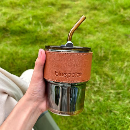 BLUEPOLAR 13oz/400ml Tumbler Water Glass, Cups with Straw and Lid Sealed Carry on for Coffee, Iced Tea, Thick Wall Insulated Glass Cup (Amberwith Protect Sleeve) - Image 4