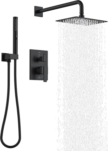 KENES Matte Black Rainfall Bathroom Shower System Rain Shower Head and Handle Set, Shower Faucet Set with 10-Inch Rain Showerhead and Handheld Spray, (Shower Valve Included), LJ-6026A-2 by KENESBathroomKitchen