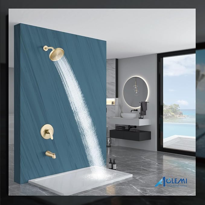 Aolemi Tub Shower Faucet Set With Valve Wall Mount Shower Trim Kit 6 Inch Bathtub Fixtures Rough-in Valve Single-Spray Shower Head System 5.3 Inch Tub Spout Brushed Gold Modern - Image 8