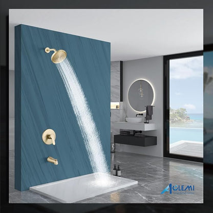 Aolemi Tub Shower Faucet Set With Valve Wall Mount Shower Trim Kit 6 Inch Bathtub Fixtures Rough-in Valve Single-Spray Shower Head System 5.3 Inch Tub Spout Brushed Gold Modern - Image 8