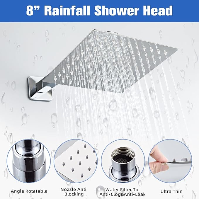Shower System, Shower Faucet Set Complete Square Rain Shower Combo Set with 8 inch Rainfall Shower Head System Bathroom Wall Mounted 3-Setting Handheld Shower,Chrome - Image 4