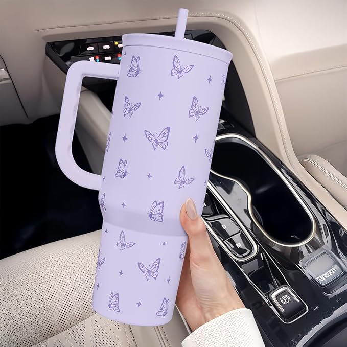 Butterfly Gifts for Women, Purple Butterfly Tumbler with Handle, Stainless Steel Insulated Coffee Travel Mug Cup, Gifts for Women Girls on Birthday Christmas, 40oz - Image 6