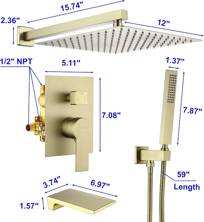 SHAMANDA Shower System with Waterfall Tub Spout and Handheld Shower Head, 12" Rain Shower Faucet Sets Complete with Shower Round-in Valve and Trim Wall Mount, Brushed Gold, L101-3 - Image 7