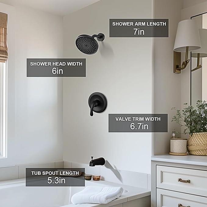 Tub Shower Faucet Set With Valve - 6 Inch Black Shower Head and Handle Set, High Pressure Bathtub Faucet With Rain Shower Head and Tub Spout Single-Spray, Matte Black - Image 3