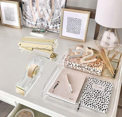 Acrylic Gold Tape Dispenser & Desktop Stapler, Includes Staple Remover - Image 2