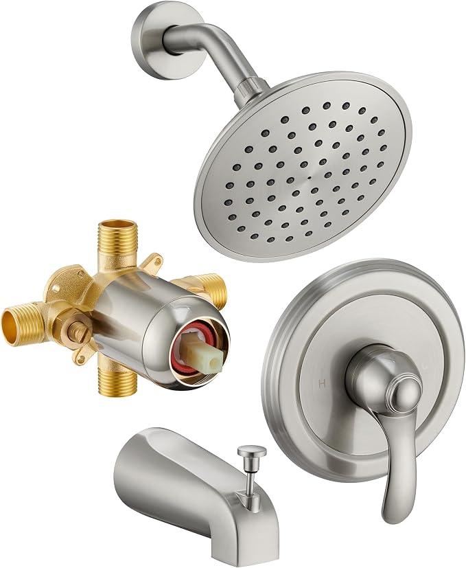 Tub Shower Faucet Set with Valve, 6-Inch Shower Head and Handle Set Brushed Nickel, Single-Handle Tub and Shower Trim Kit with Touch-Clean Rain Shower Head and Tub Spout by FROPO