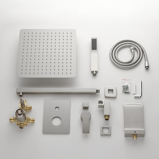 SHAMANDA Shower System with Waterfall Tub Spout and Handheld Shower Head, 12" Rain Shower Faucet Sets Complete with Shower Round-in Valve and Trim Wall Mount, Brushed Nickel, L101-2 - Image 9