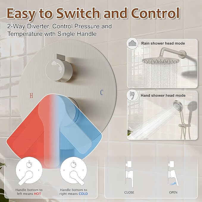 Iriber Brushed Nickel Round Rain Shower System Faucet Set，Bathroom Filtered Shower Head with Handheld, 9 Spray Mode Showerhead with Filters,Shower Valve Trim Kit Contain Cartridge,10 Inch - Image 3