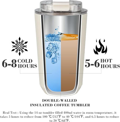 Puraville Insulated Tumblers with Lid, 14 oz Travel Coffee Mug Stainless Steel Vacuum Cup, Leak Proof Reusable Double Walled Coffee Tumbler for Iced and Hot Drinks, Cream - Image 3