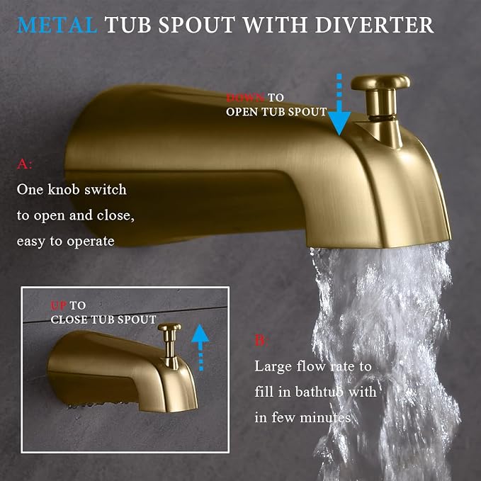 Shower Faucet Set with Tub Spout Brushed Gold 10 Inch Rainfall Shower 4 Setting Spray Mixer Shower System Modern Luxury Wall Mounted Tub Shower Faucet Set Rough-in Valve Body (Brushed Gold) - Image 7