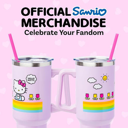Silver Buffalo Sanrio Hello Kitty Spring and Summer Flowers Rainbow Stripes Double Walled Stainless Steel Tumbler with Handle and Straw, Fits in Standard Cup Holder, 40 Ounces - Image 6