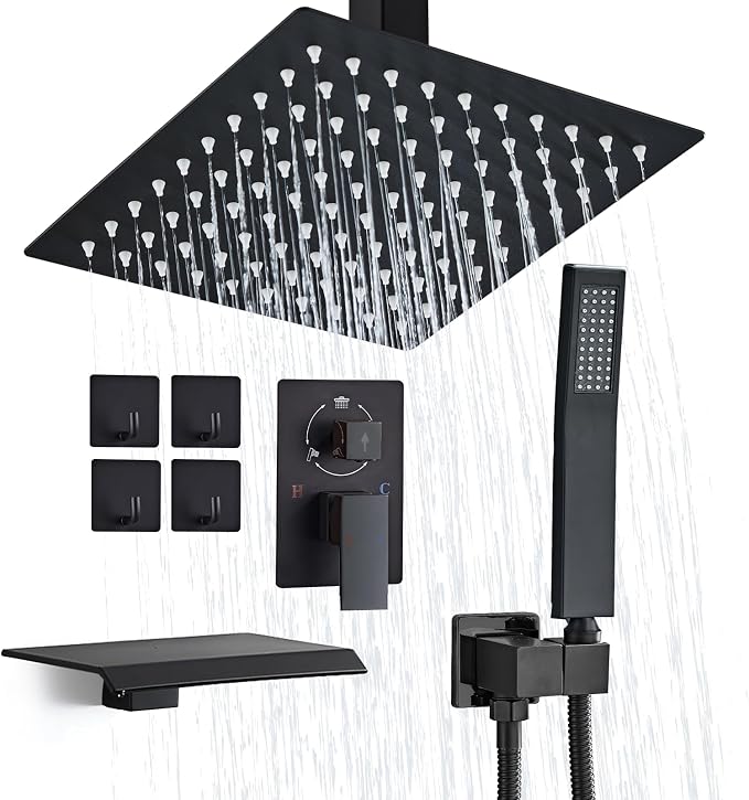 12 Inch Ceiling Mount Shower System Matte Black Rain Mixer Shower Combo Set High Pressure Rainfall Shower Head System Bathroom Luxury Shower Faucet Set Rough-in Valve and Shower Trim Included by RTOBWEYE