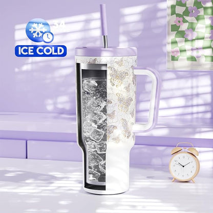 Meoky 40 oz Tumbler with Handle and Straw: Stainless Steel Insulated Tumbler with Lid and Straw - 100% Leak Proof Tumbler for Car Cup Holders - Travelers Commuters Workers, Gold Butterfly - Image 2