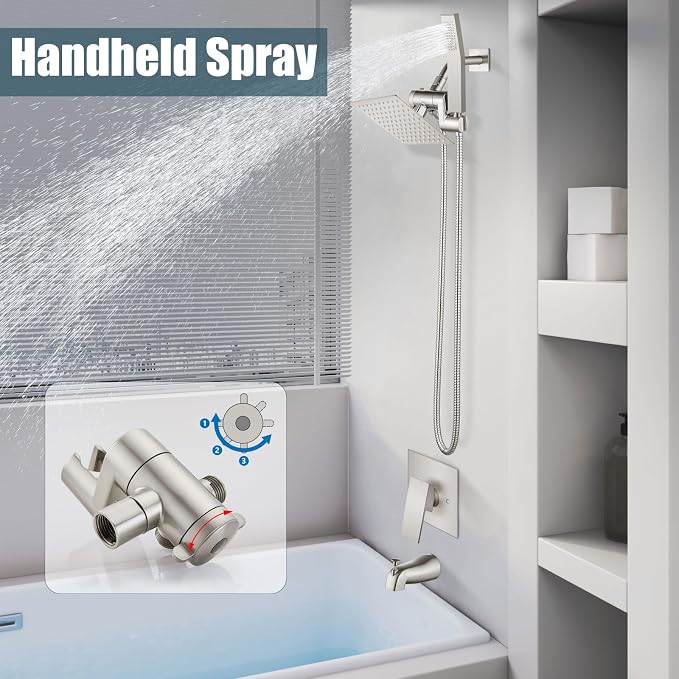 Aolemi Shower Tub Faucet Set with Handheld Spray Shower System Single Shower Rainfall Head and Handle with Tub Spout Combo Rough-in Valve Included Shower Trim Kit 6 Inch Shower Head Brushed Nickel - Image 5