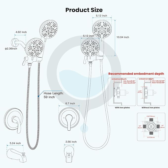gotonovo Tub Shower Faucet Set,2 in 1 Dual Shower Head and Handle Set with Tub Spout Wall Mount Bathroom Shower Trim Kit with 3-way Water Diverter Valve Included Various Modes Brushed Nickel - Image 7