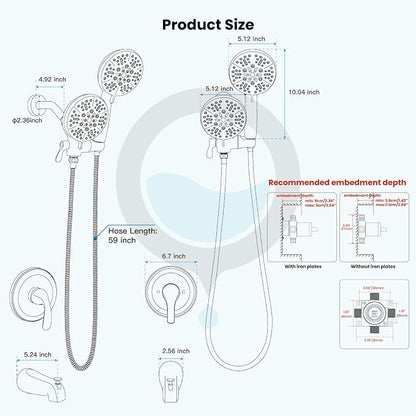 gotonovo Tub Shower Faucet Set,2 in 1 Dual Shower Head and Handle Set with Tub Spout Wall Mount Bathroom Shower Trim Kit with 3-way Water Diverter Valve Included Various Modes Brushed Nickel - Image 7