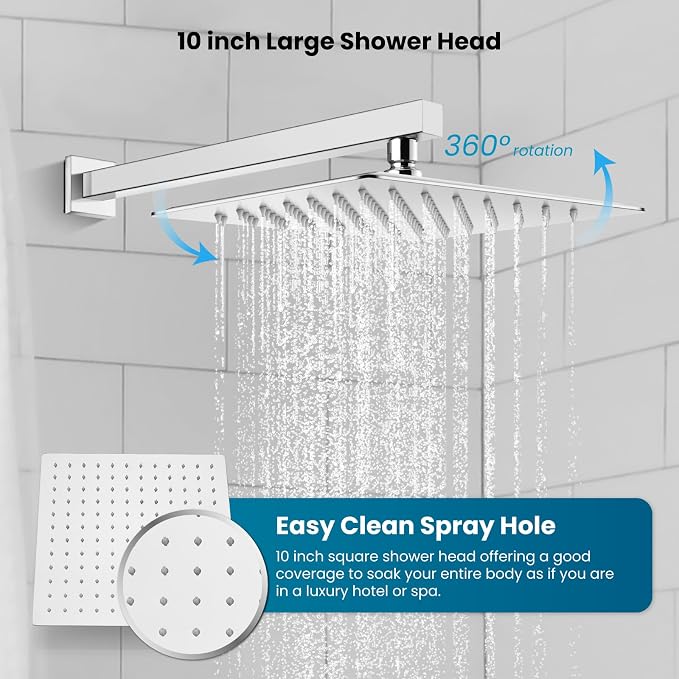 gotonovo 10'' Rain Shower Faucet System Rainfall Shower Head with Handheld Sprayer Waterfall Tub Spout Wall Mounted Mixer Combo Rough-in Valve and Trim Included 5.7 Inch Wide Spout Polished Chrome - Image 8