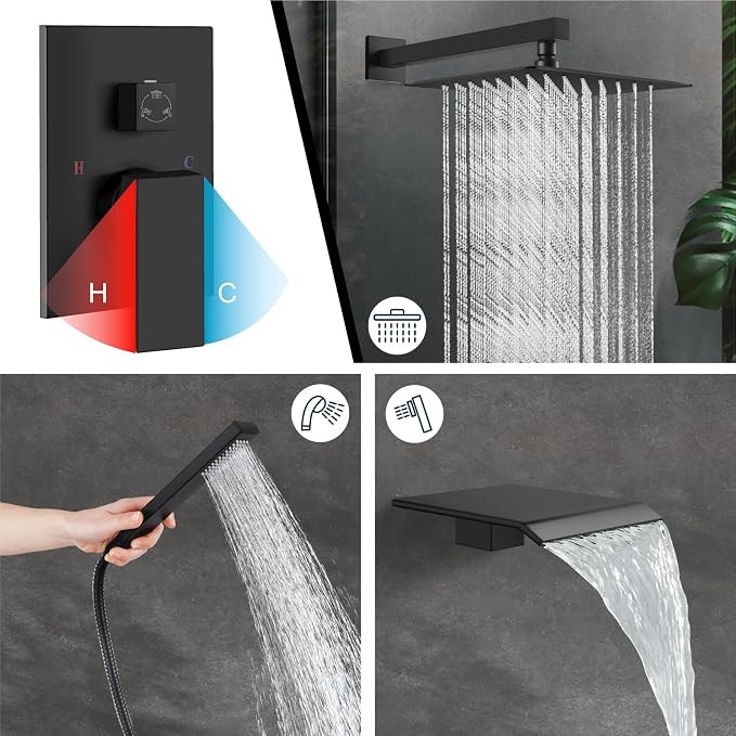 Midanya Rain Shower System with Tub Spout,Tub Shower Faucet Set with rainfall Shower Head and Handheld Spray,Wall Mount Tub Shower Combo Rough-in Valve Included,8 Inch Matte Black - Image 4