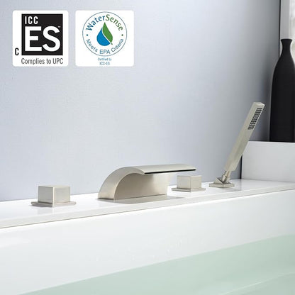 sumerain Waterfall Bathtub Faucet Brushed Nickel with Sprayer, Tub Spout with Diverter - Image 2