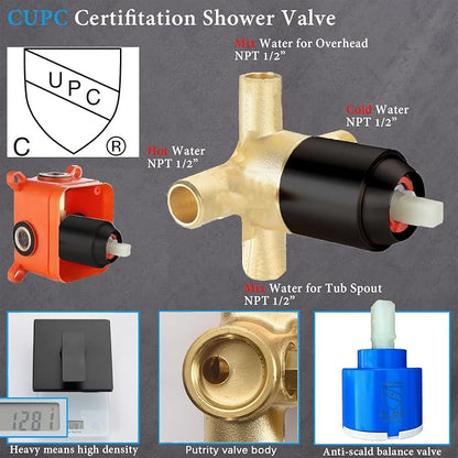 Shower Faucet Set with Tub Spout Matte Black 10 Inch Rainfall Shower with 4 Setting Spray Mixer Shower System Modern Luxury Wall Mounted Tub Shower Faucet Set Rough-in Valve Body (Matte Black) - Image 3