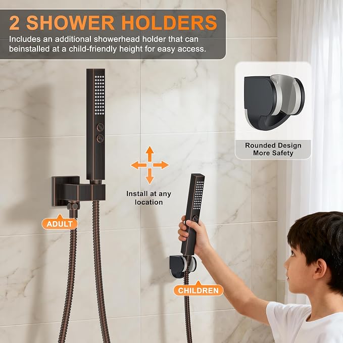 Oil Rubbed Bronze Shower System with Tub Spout, Ceiling Mounted Bathtub Shower Faucet Set, 12" Rainfall Shower Head and Handheld Shower Combo, High Pressure Shower Fixtures Set with Rough-in Valve - Image 7