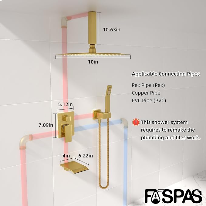 Ceiling Mount Shower System with Tub Spout, 10-Inch High-Pressure Rain Showerhead and Handheld Combo, Brushed Gold Shower Faucet Set with Rough-in Valve and Trim Kit, All-Metal - Image 6