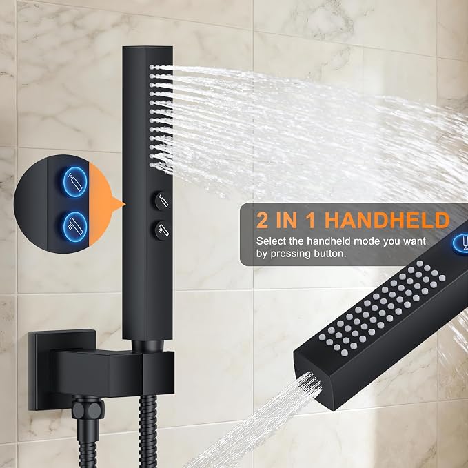 Shower System with Tub Spout, Ceiling Mounted Bathtub Shower Faucet Set, 12" Rainfall Shower Head and Handheld Shower Combo, High Pressure Shower Fixtures Set with Rough-in Valve, Matte Black - Image 4
